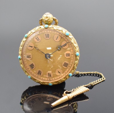 Damen-Spindeltaschenuhr in GG 750/000, Schweiz um 1820, 3-teil. Gehäuse, Rückseite provis. geklebt, aufwendig grav. u. floral verz. in WG/GG/RG u. ...
