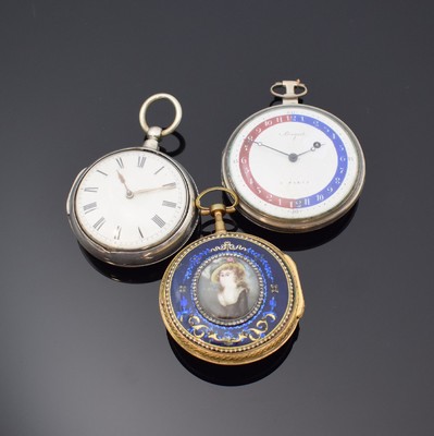 3 Spindeltaschenuhren: BREGUET, Ph. TERROT und Jn. COLLINS, Schweiz/England um 1820 - 1850, 2x in Silber u. 1x verg. und mit Emailmalerei (besch.) u. ...