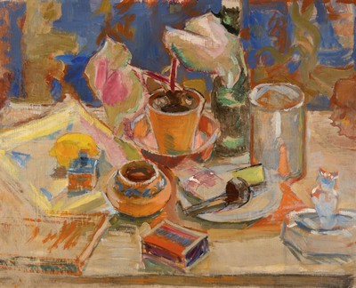 Adolf Doerner, 1892 - 1964 Ilbesheim, Stillleben mit einer Vielzahl differenzierter Alltagsobjekte, Öl/Lwd, unsigniert, 60x75 cm, Rahmen 74x89 cm; ...