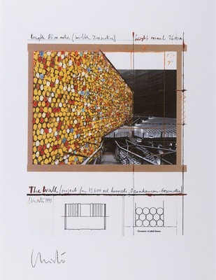 Christo, 1935-2020, "The Wall-project for 13.600 oil barrels, Oberhausen-Gasometer" Farboffset, aus weißem Bütten, handsigniert, Edition ...