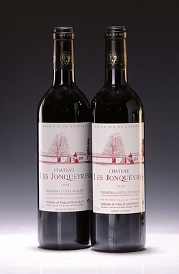 6 Flaschen 1998 Chateau Les Jonqueyres, Cotes de Blaye, Isabelle et Pascal Montaut, ca. 750ml, 13% Vol., High Fill, Kapsel z.T. l. berieben