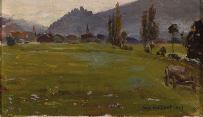 August Croissant, 1870 Edenkoben-1941 Landau, Landschaft in der Pfalz, wohl Blick auf Burg Landeck, Öl/Malkarton, rechts unten signiert und dat. ...