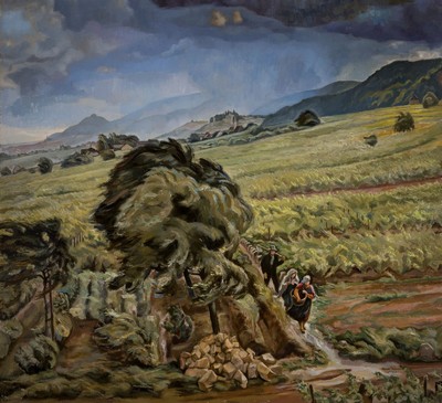 Gustav Rossi, 1898 Speyer-1976 Gimmeldingen, Bauern auf der Flucht vom Feld vor dem Gewitter, Öl/Lwd, rechts unten sign. und dat. 1941, ca. ...