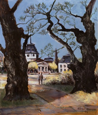 Josef Zörner-Kampia, geb. 1925, 3 Arbeiten: Im Hambacher Schloß, Öl/Lwd, sign. und dat. 81, ca. 60x50cm, R. ca. 67x57cm; Gebäude im Park, ...