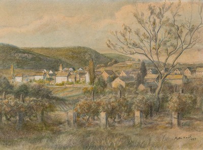 Peter Koch, 1874 Deidesheim-1956 Gimmeldingen, Blick auf ein pfälzer Dorf, Buntstift auf Papier, leicht stockfleckig, rechts unten signiert und dat. ...