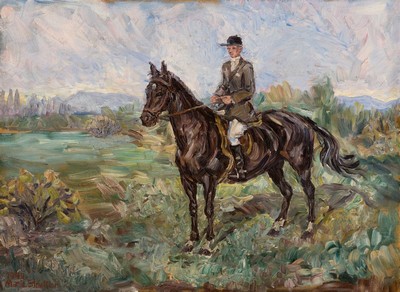 Marie Strieffler, 1917-1987 Landau, Pferd und Reiter, Öl/Lwd, links unten sign. und dat. 1949, ca. 57x65cm, R. ca. 55x72cm