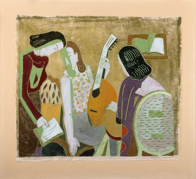 Rolf Müller-Landau, 1903-1956 Landau, Saitenspiel, Monotypie, links unten betitelt, rechts unten sign., ca. 47x53cm, u.Gl., R. ca.63x69cm