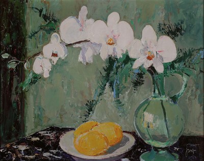 Karl Graf, 1902-1986 Speyer, Stillleben mit Blütenzweig und Orangen, Öl/ Hartfaser, rechts unten sign., ca. 40x50cm, R. ca. 44x54cm