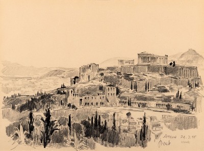 Karl Graf, 1902-1986 Speyer, 2 Zeichnungen: 1x Athen abends, dat. 24.7.55, sign., ca. 28x38cm, PP, u.Gl. R. ca. 41x51cm; 1x Corcula, sign. und ...