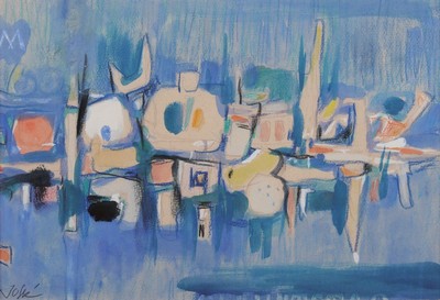 Friedrich Jossé, 1897 Wolfstein/Pfalz-1994 Speyer, abstrakte Komposition, Gouache auf Papier, li. u. sign., ca. 24x35cm, PP, u.Gl., R. ca. 45x55cm