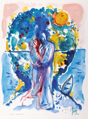 Georg Günther Zeuner, 1923 Dresden-2011 Speyer, 2 Gouachen auf Papier: Die Insel, sign. und dat. 2000, ca. 44x32cm, PP, u.Gl., R. ca. 60x50cm; Am ...