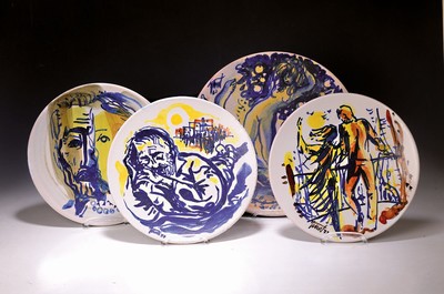 Georg Günther Zeuner, 1923 Dresden-2011 Speyer, vier bemalte Keramikteller: 1x von 1983, Evas Erschaffung, D. ca. 36.5cm, 3x von 1973; Der Morgen, ...
