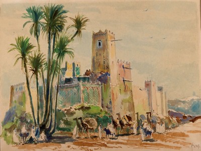 Karl Graf, 1902-1986 Speyer, Kasbah im hohen Atlas-Maroc, rückseitig so betitelt und mit Widmung versehen, Aquarell auf Papier, von 1975, ca. ...