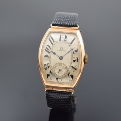 OMEGA frühe Herrenarmbanduhr für den russischen Markt um 1915 in RG 583/000, Handaufzug, 2-teil., tonneauförm. Geh., in sich gewölbt, ...