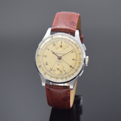CHRONOGRAPHE SUISSE / LEONIDAS Schaltradchronograph, Handaufzug Schweiz 1940er Jahre, verchr. Gehäuse, Stahlboden aufgedr., silb. Duoton-Zifferbl. ...