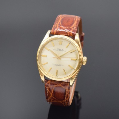 ROLEX Armbanduhr in GG 585/000 Referenz 6284/6285, Automatik, Schweiz um 1966, Boden und Krone verschr., ab Herst. wasserd., Lederband m. orig. GG ...