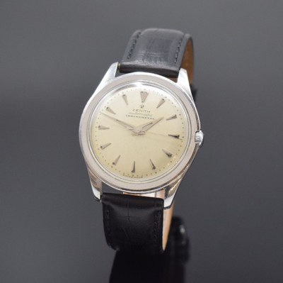 ZENITH seltene Herrenarmbanduhr Kaliber 133.8, Schweiz um 1956, Hammerautomatik, Edelstahlgeh., Boden verschr., silb. Zifferbl. m. aufges. Std.-Ind. ...
