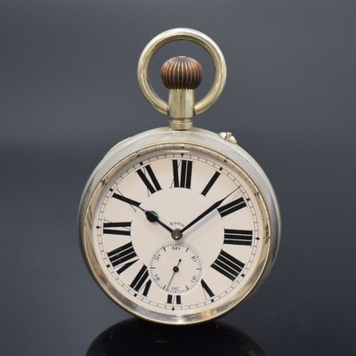 Große offene Herrentaschenuhr mit 8-Tagewerk und 1/4 Repetition, sog. Dienstuhr, Schweiz um 1900, vern. Geh., D. ca. 82 mm, Emailzifferbl. m. fetten ...