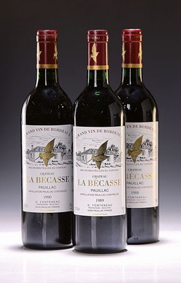3 Flaschen Chateau La Becasse, Jahrgang 1988, 1989 u. 1990, Pauillac, je ca. 750 ml, je 12,5% Vol., Into Neck/High Fill