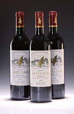 3 Flaschen Chateau La Becasse, Jahrgang 1988, 1989 u. 1990, je ca. 750ml, je 12,5% Vol., Into Neck/High Fill