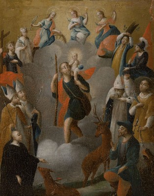 Heiligenbild, Unbekannter Künstler des 18.Jh., Hl. Christophorus in einer Mandorla aus Patronatsheiligen u.a. die Heiligen Katharina, Leonhard, ...