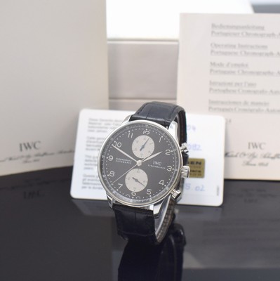 IWC Portugieser Herrenarmbanduhr mit Chronograph Referenz 3714, Schweiz verk. 05/2002 lt. beil. Gar.-Karte, Automatik, Edelstahlgeh., Boden verschr., ...
