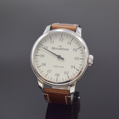 MEISTERSINGER Granmatik große Herrenarmbanduhr mit einem Zeiger, Schweiz um 2010, Automatik, 2-teil. Gehäuse, Boden 6-fach verschr., orig. ...