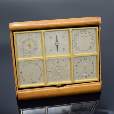 ANGELUS 8-Tage-Uhr Kaliber 240 mit Wetterstation, Kalender und Kompass, Schweiz um 1956, Messinggeh. im aufklappbaren Etui, Anzeige v. Zeit, Wecker, ...
