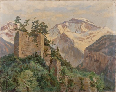 Frank Waller, 1842-1923, Gebirgspanorama mit Ruine, rechts unten signiert, Öl/Lwd, Lwd -Schaden, rest., ungerahmt, 40x50 cm