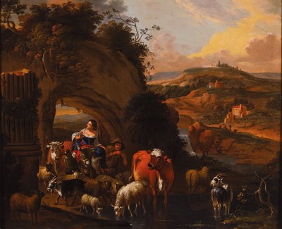 Zuschreibung: Nicolas Berchem (Berghem), 1620 Haarlem-1683, Bäuerin treibt ihre kleine Herde von Kühen, Schafen und Ziegen durch einen Torbogen mit ...