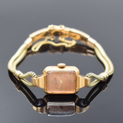 FELCA Damenarmbanduhr in RoseG 750/000 mit Band in GG/RoseG 585/000, Schweiz um 1950, Handaufzug, 2-teil. Geh., Boden aufgedr., kupferfarb. ...