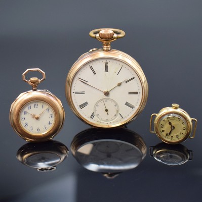 MONOPOL DÜRRSTEIN, ETERNA frühe Armbanduhr und 1 offene Taschenuhr in GG/RG 585/000, Schweiz um 1900-1925, Geh. teils angel. u. dell., 2x guill. ...
