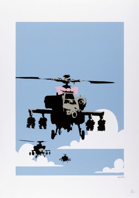Banksy, Happy Chopper (blau), Farbserigraphie von 2005, handsigniert, Prägestempel P.O.W. Printmaking, num. 91/150, handsigniert, Blattgr. ca. ...
