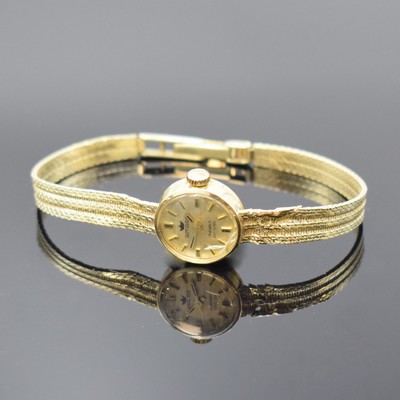 AMARA Damenarmbanduhr in GG 585/000, Handaufzug, Schweiz um 1970, Boden aufgedr., verg. Strukturzifferbl., Anz. v. Std. und Min., Goldband def./zu ...