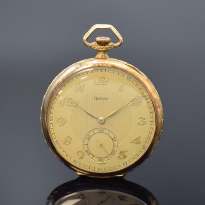 OPTIMA offene Herrentaschenuhr in GG 585/000, Schweiz um 1930, streifenguill. Boden, glatte Goldcuv., gold. Zifferbl. m. aufgel. gold. Zahlen, im ...