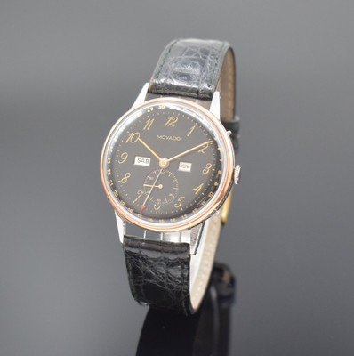 MOVADO Herrenarmbanduhr mit Vollkalender in Stahl und Rotgold Referenz 14836, Handaufzug, Schweiz um 1940, 3-teil. Geh., Boden und Glasrand aufgedr., ...