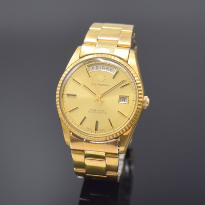BUCHERER Herrenarmbanduhr Weekday Referenz 30 139, Automatik, Schweiz um 1968, verg. Geh. inkl. Gliederband Faltschl., Edelstahlboden m. ...