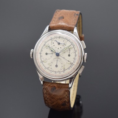UNIVERSAL GENEVE Aero-Compax Schaltradchronograph in Stahl Referenz 22538, Handaufzug, Schweiz um 1940, 3-teil. Geh., Boden und Glasrand aufgedr., ...