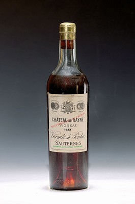 1 Flasche 1933 Chateau de Rayne, Vicomte de Pontac, Sauternes, ca. 750ml, Low Shoulder