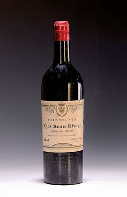 1 Flasche 1955 Clos de Beau-Rivage, Begadan -Medoc, ca. 750ml, Lower Mid Shoulder, Etikettl. lädiert