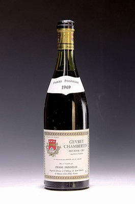 1 Flasche 1969 Pierre Ponnelle Gevrey- Chambertin, Cote D'Or, ca. 750ml, Kapsl l. lädiert, Füllhöhe 3,4 cm unter Korken