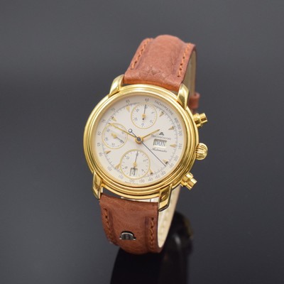 MAURICE LACROIX vergoldeter Armbandchronograph Referenz 39353, Automatik, Schweiz um 2000, Edelstahlboden aufgedr., orig. Lederband m. orig. ...