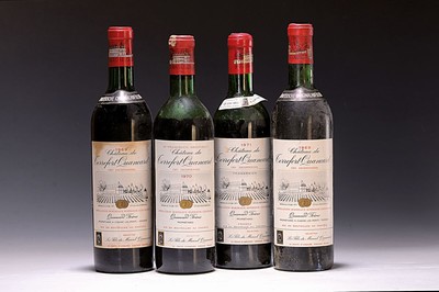4 Flaschen Chateau de Terrefort-Quancard, Jahrgänge 2x1969, 1970, 1971, Bordeaux Superieur, je ca. 750ml, 1969 Mid Shoulder, 1970 Low Shoulder, 1971 ...