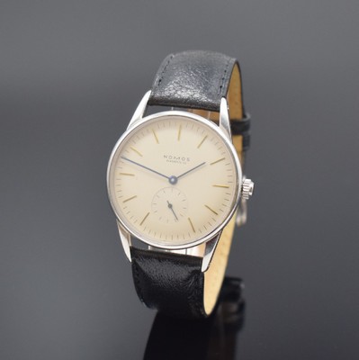 NOMOS Glashütte Herrenarmbanduhr Modell Orion in Stahl, Deutschland um 2000, Handaufzug, Edelstahlgeh. inkl. Lederband m. orig. Dornschl., Boden und ...