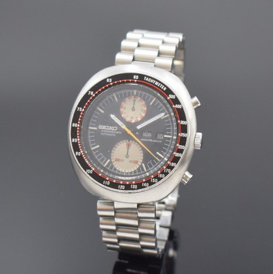 SEIKO Schaltradchronograph in Stahl Referenz 6138-0011, Automatik, Japan um 1975, verschr. Geh. am orig. Gliederband m. Faltschl., schwarz/rote ...