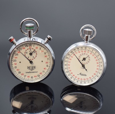 HEUER und MINERVA 2 verchromte Stoppuhren, beide Schnellschwinger, Schweiz um 1970, 30er und 60er Außenteilung, Glasrand aufgedr., 15 Min.-Stoppz., ...