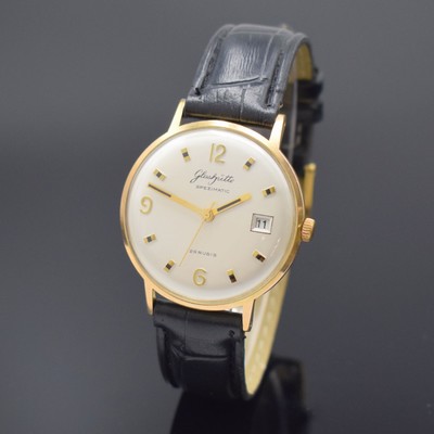 GLASHÜTTE Spezimatic vergoldete Armbanduhr, Handaufzug, DDR um 1970, Stahlboden aufgedr., Zifferbl. rest., Datum bei 3, vern. Werk Kal. 75, 26 St., ...