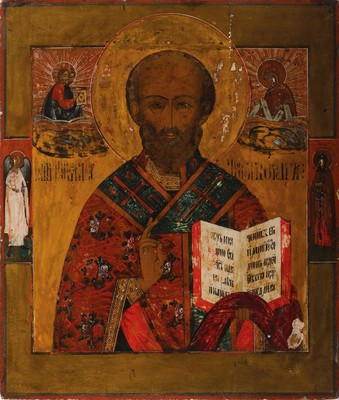 Ikone, Russland, um 1800/1820, Heiliger Nikolaus, Tempera/Holz, vertieftes Mittelfeld, vier Randheilige, ca. 54x45 cm l. rest., Altersspuren, re. ...