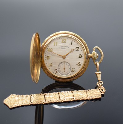 LUXOR Chronometre Savonette in GG 585/000 mit vergoldeter Chatelaine, Schweiz um 1925, gut erhaltenes streifen-guill. Geh., floral grav. Rand, verg. ...