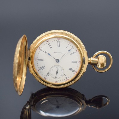 WALTHAM Damensavonette in GG 585/000, USA um 1890, floral grav. 3-Deckel Goldgeh. m. großem Aussenscharnier dell., 2-tlg. Emailzifferbl., feine ...